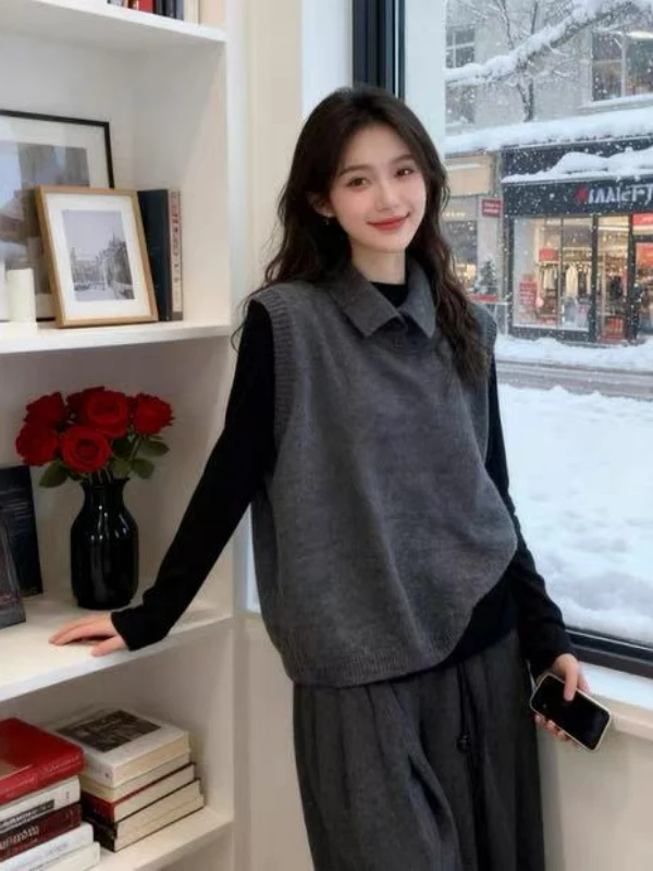 

Свободный вязаный жилет для женщин, осенне-зимний, модный, с отложным воротником, для ношения под одеждой, топ для многослойных образов, большие размеры