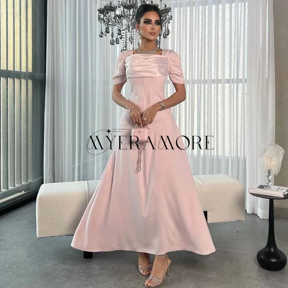 

Elegant Pink A-Line Evening Dresses Square Neck Half sleeve Lace Up Ankle-Lenght Prom Dresses Customized فساتين سهرة