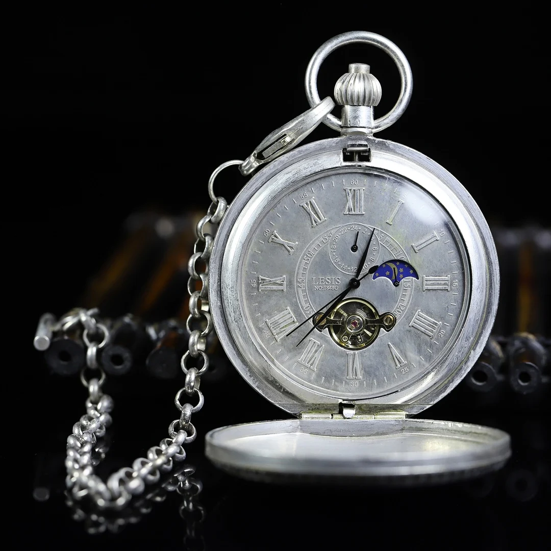 Φ55mm 19 Century Double Opening White Copper Mechanical Pocket Watch Normal Working