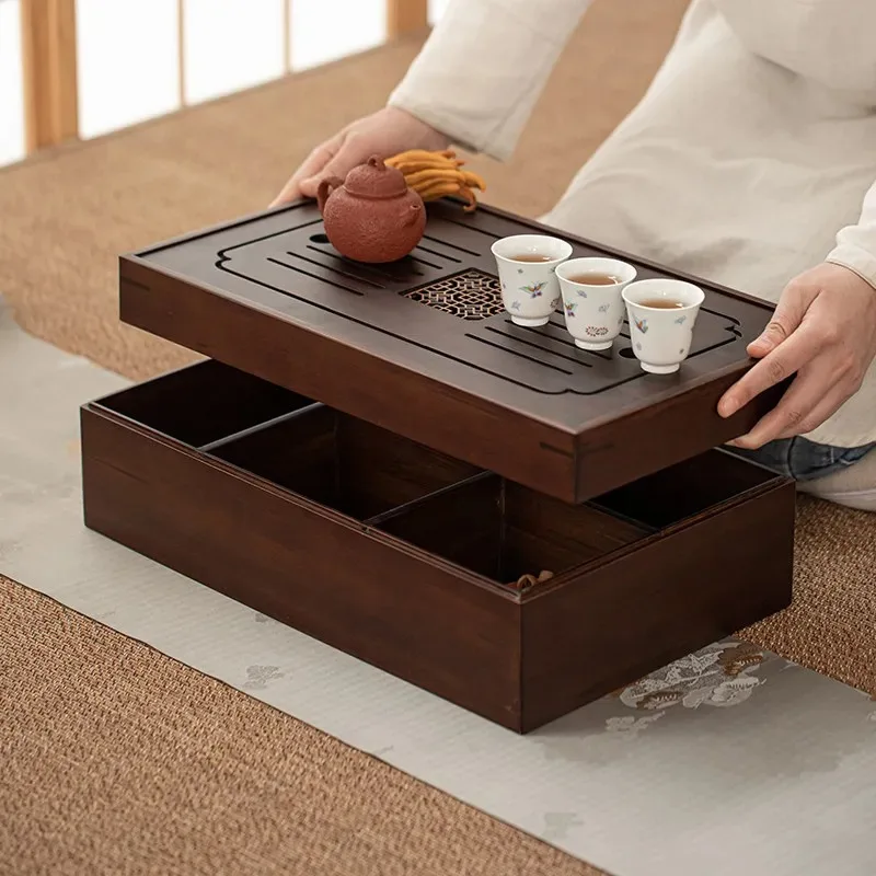 Chinese Style Bamboo Tea Box, All-in-One Storage with Ruyi Window & Water Tray - Multifunctional Tea Set Organizer Portable