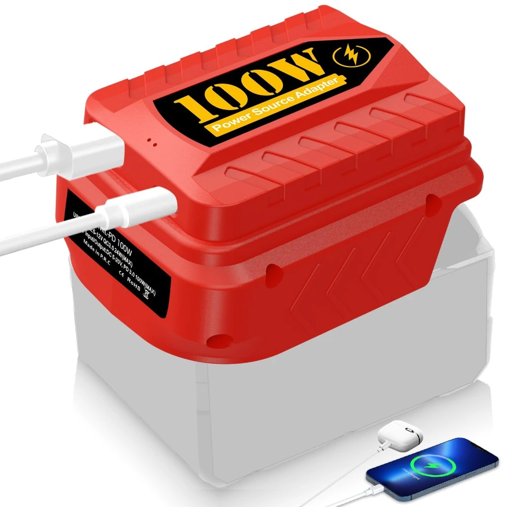 

PD100W Charger with USB and Type-C Ports for Dewalt/Milwaukee/Makita 18/20V Batteries USB Battery Adapter for Electronic Devices