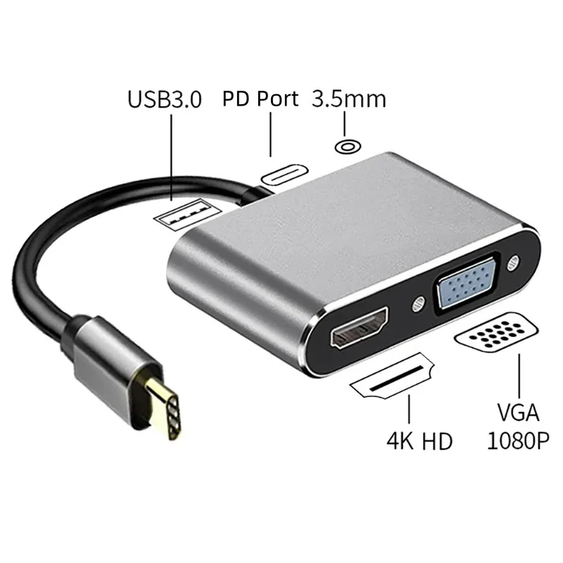 5 in 1 USB C Hub Compatible with Thunderbolt3 to 1080P VGA 4K HD Display PD Charging USB 3.0 3.5mm Audio Jack MultiPort Adaper