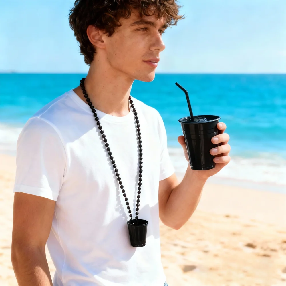 This is a small black party neck cup, which can be hung around the neck with the same color bead chain.