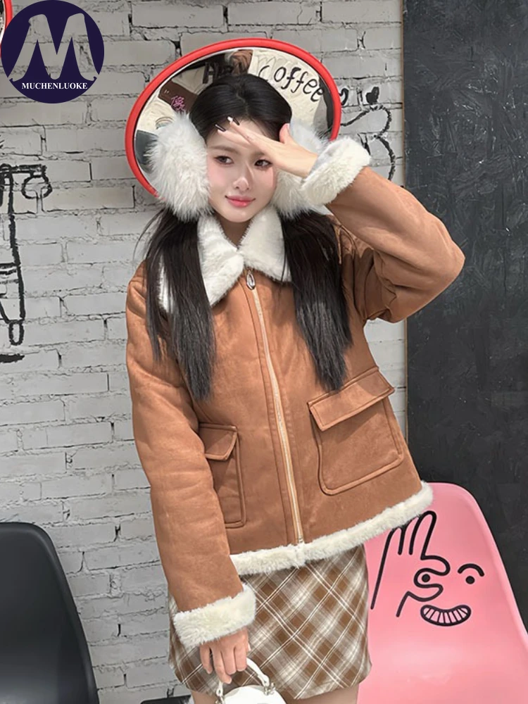 Damski płaszcz futrzany jesienno-zimowy imitacja futra norek kołnierz z futra krótka kurtka moda koreańska luźny krój pogrubiony ciepły płaszcz