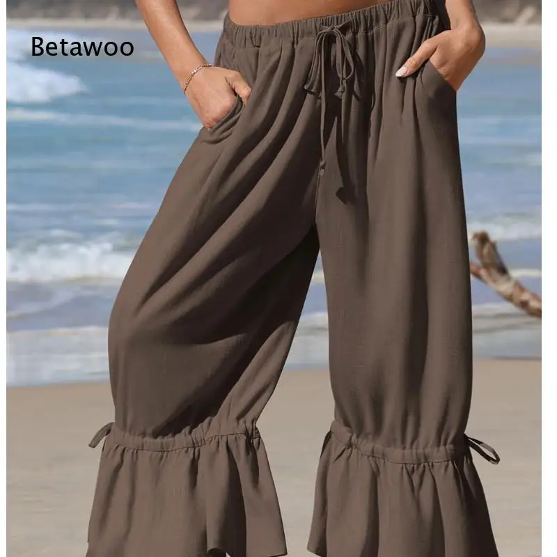 Elastic Drawstring High Waist Side Slip Pocket Ruffle Frill Hem Lightweight Textured Loose Trousers for Vacation Casual