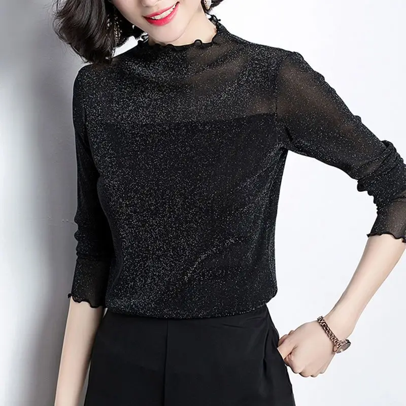 Spring Autumn Fashion Elegant Bright Silk Sexy Mesh Slim Party Club Basic T Shirt Women Korean Office Lady Black Long Sleeve Top