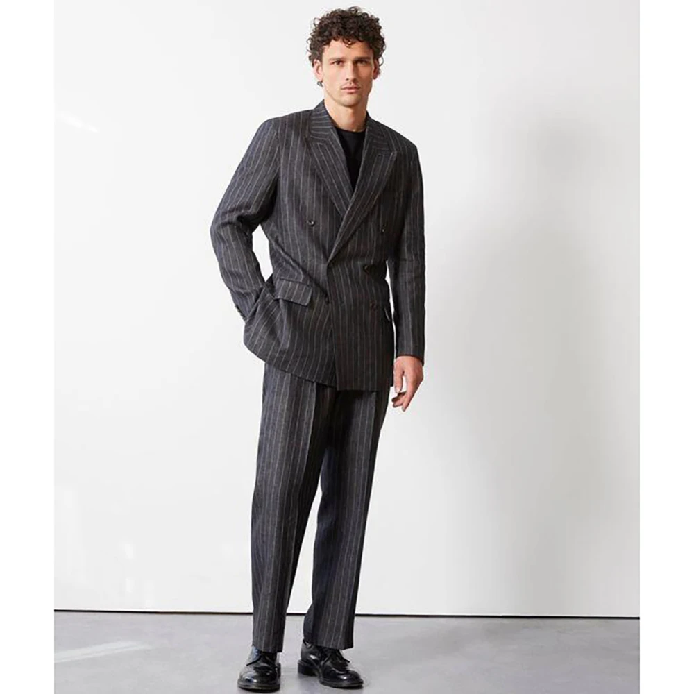 

High Quality Stripes Double Breasted Men Suit Two Pieces(Jacket+Pants) Lapel Outfits Chic Casual Party Prom Wedding Set