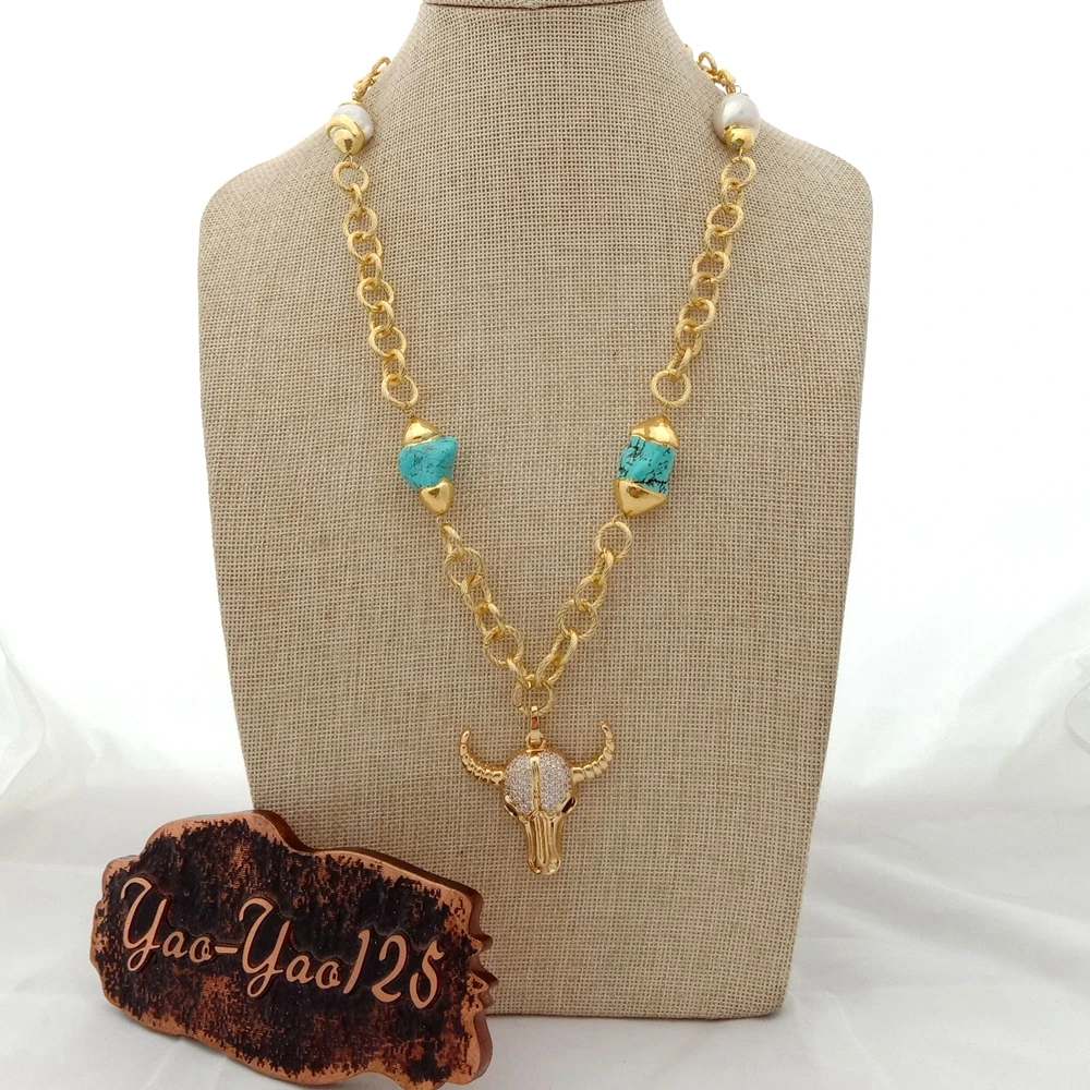 Y·YING 24'' Blue Turquoise White keshi Pearl Yellow Gold Plated Chain Necklace CZ Cow Pendant