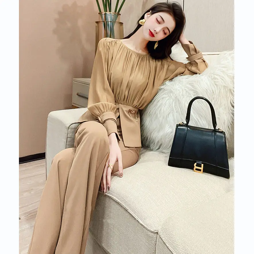 

Women Patchwork Chiffon Shirts +Trousers 2024 Spring Female Two Pieces Suit Elegant Ladies Blouse Tops with Pants