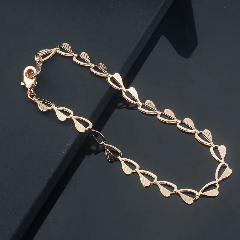 6mm Women Half Carving Heart Necklace 585 Rose Gold Color Link Bracelet Chains Set Jewelry