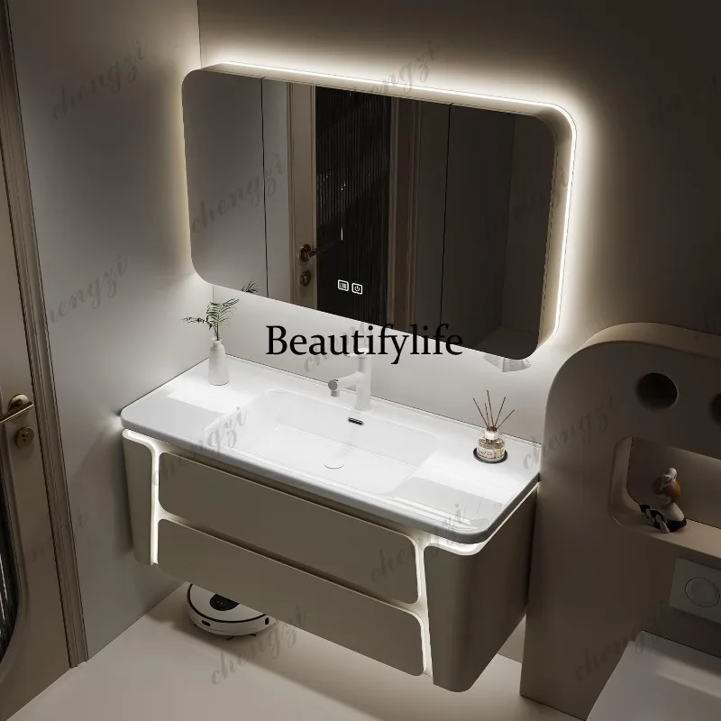 Rounded corner ceramic integrated basin oak paint bathroom cabinet combination toilet hand wash washbasin bathroom