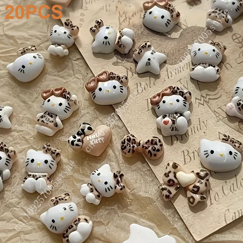 

20pc Hello Kitty Leopard Print Woman Nail Charms Set Cute Sanrio Cartoon Cat Bow Ties Hearts for Manicures Nail Decoration