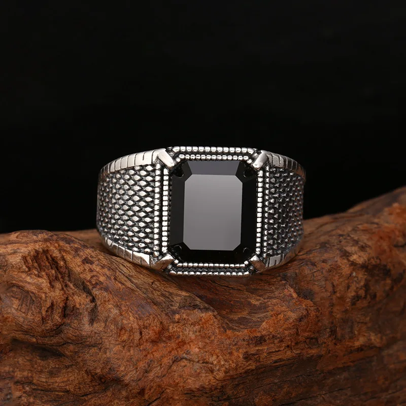 S925 Sterling Silver Black Zircon Adjustable Ring Punk Style Old Process Free Size Women Fine Jewelry FYRNG163