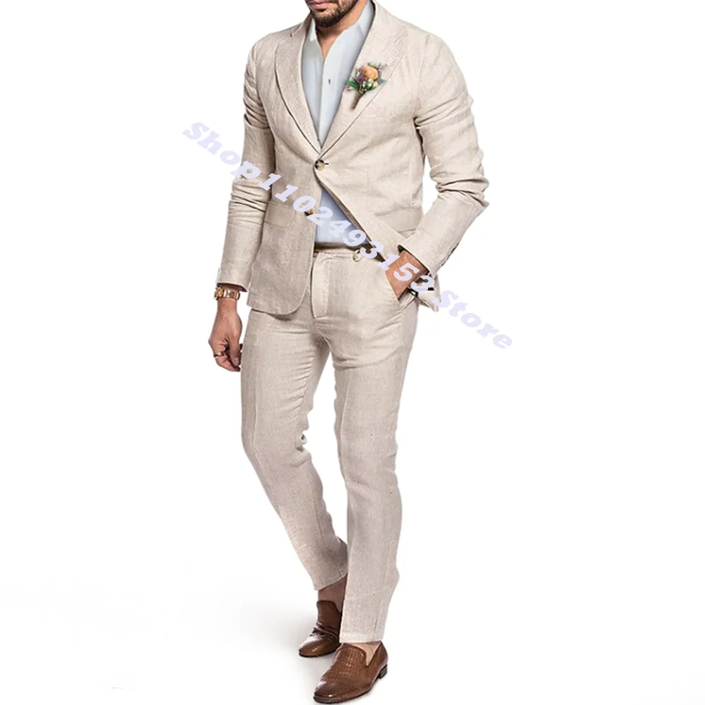 Linen Men's Classic Suits Male Blazer Pants 2Pcs Slim Fit Beige Beach Wedding Suits Best Men Groom Tuxedos Jacket Costume Homme