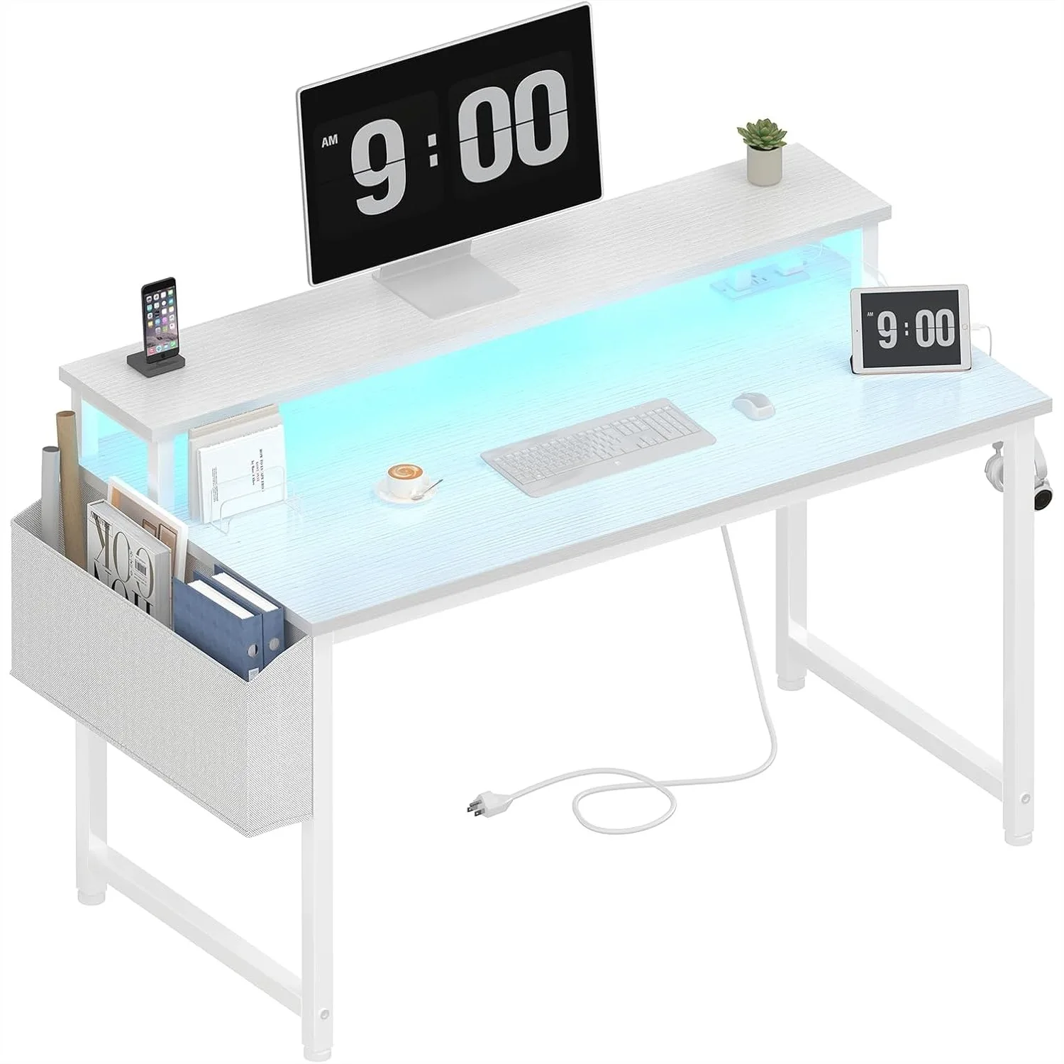 

40 Inch White Computer Desk with LED Lights, Power Outlets, Monitor Stand & Charging Station for Home Office Gaming Study