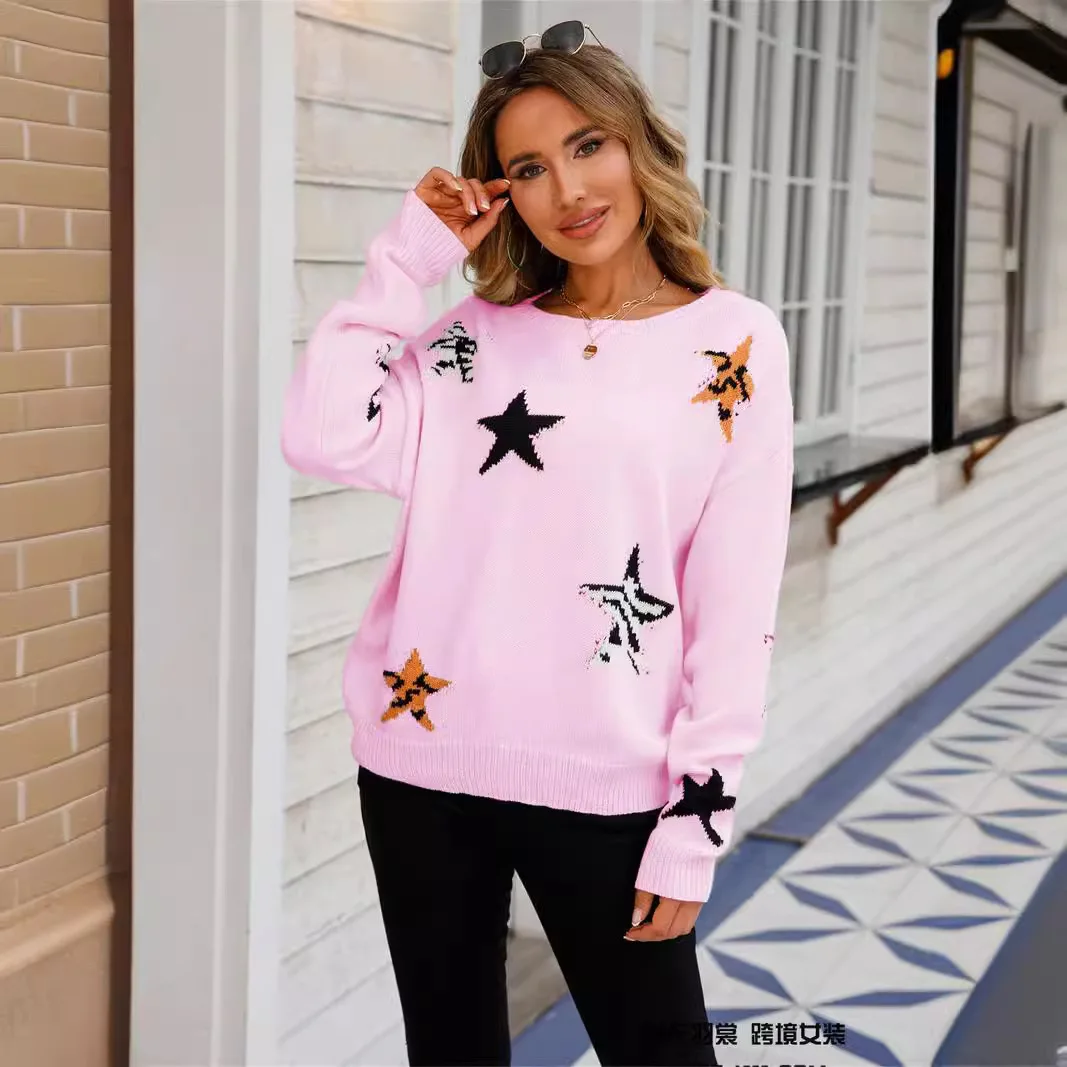 Women's Knitwears Autumn Winter Female Long Sleeve Round Neck Star Long Sleeved Sweater Women's Casual Warm Knitted Tops