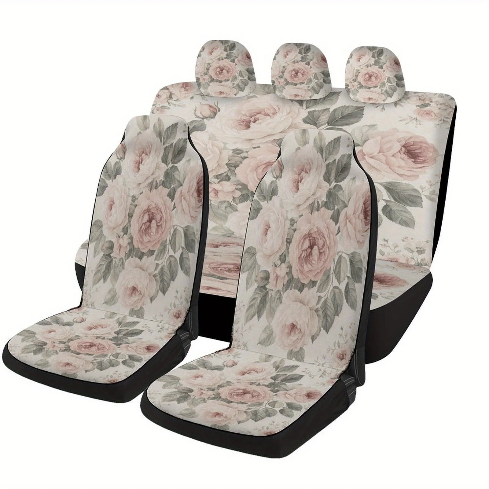 

Elegant Floral Car Seat Cover Set - Pink Roses & Green Leaves Design, Full Coverage For Front & Rear Seats, Machine Washable Pol