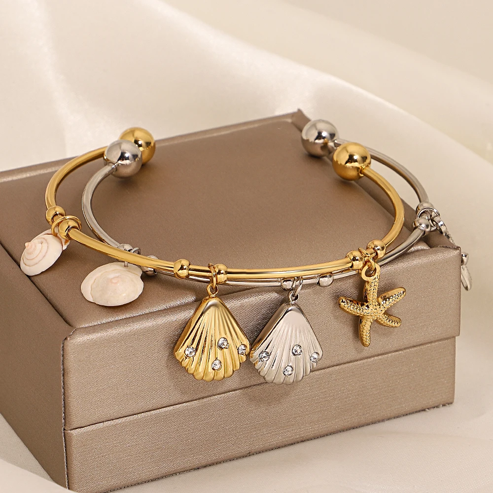 

Greatera Ocean Series Pendant Open Bangle For Women Tide Personality Creative Diameter 63mm Design Starfish Shell Conch Bracelet