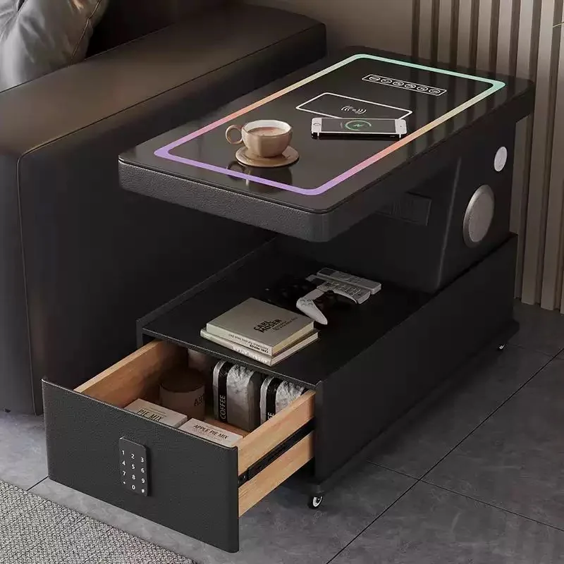 Luxury Mobile Coffee Table Solid Wood Bedside Cabinet Smart Wireless Charging Bluetooth Speaker Password-Locked Multi-Functional