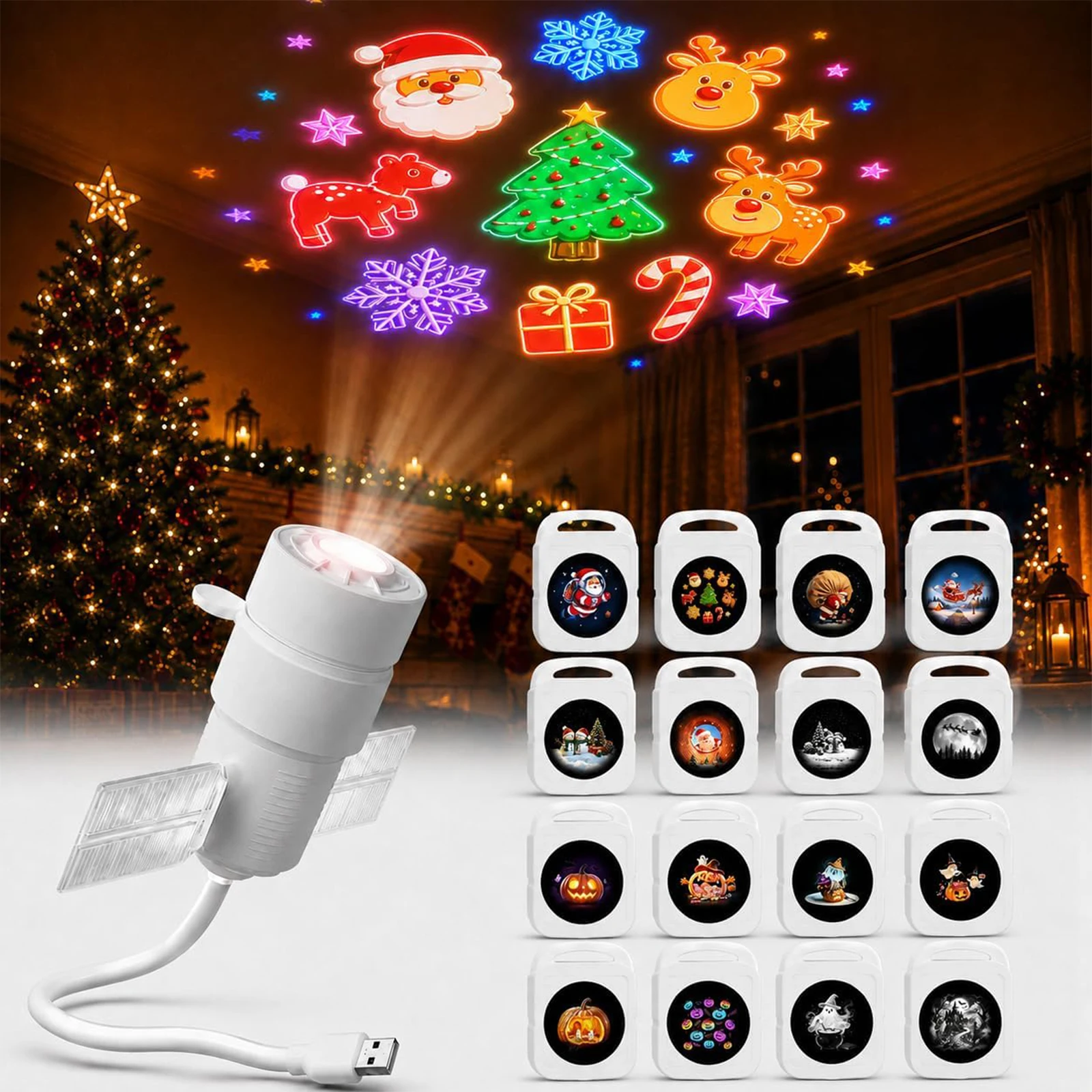 Christmas Halloween Projector Night Light, Plug-in-Play and 360° Flexible Neck Holiday Ambient Lamp with 14/16 Films, Auto Decor