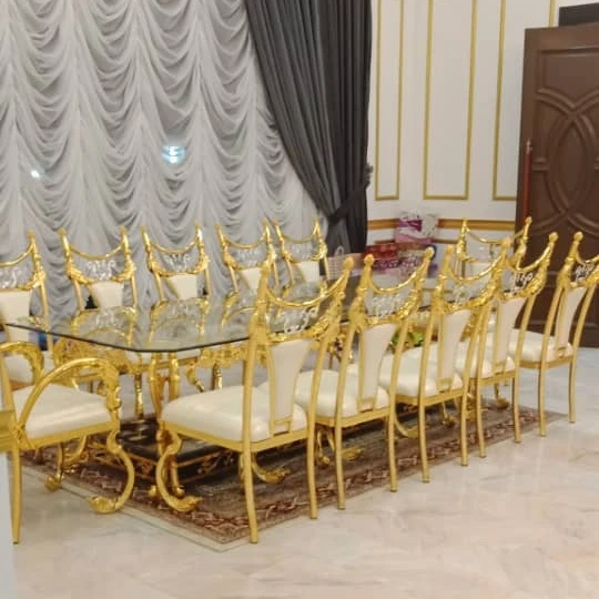 Dining room furniture European luxury carved metal glass 3 meter long table golden banquet table and chair