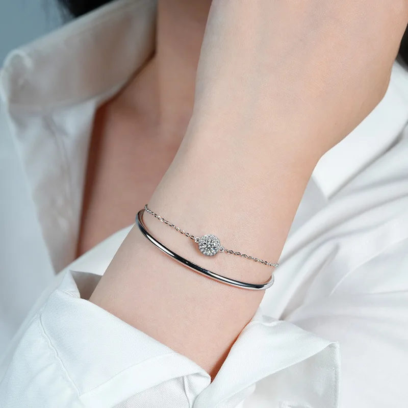 Timeless 2-Layer Round Cut 0.5CT 5mm Moissanite Cuff Bangle For Women D Color 925 Silver Hand Link Chain Bracelet Adjustable GRA