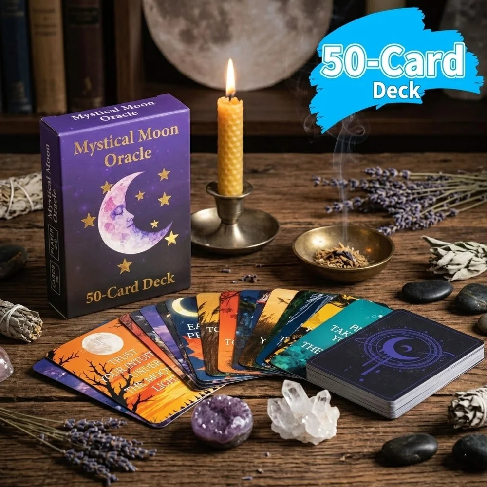 

50-Card Mystic Moon Oracle Deck, a moon phase divination deck perfect for beginners and a tool for personal altar meditation