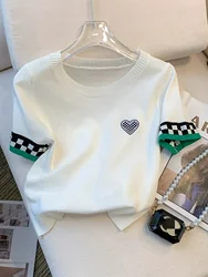 New Summer Heart Pattern Ribbed Pullover Sweater Casual Contrast Trim Crew Neck Short Sleeve Sweater Women's Clothing Crop Top