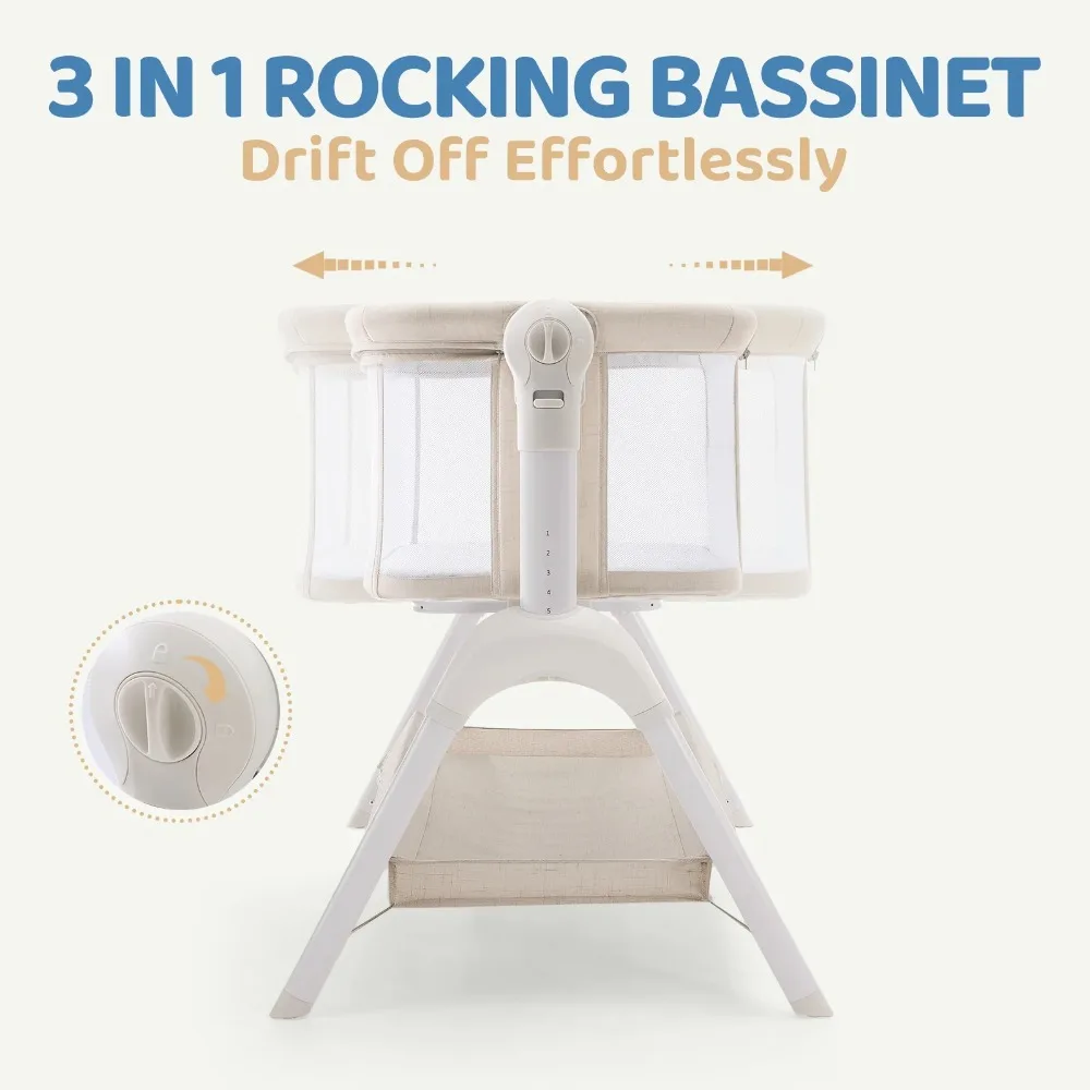 3 in 1 Baby Bedside Bassinet Sleeper, Baby Bassinet with Rocking and 5 Heights Adjustable