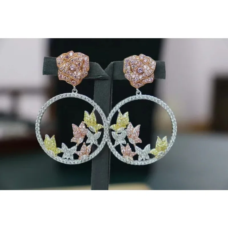 RUIF New Pink Color Rose Flower 925 Silver Round Butterfly Zirconia Earring for Women Daily Wedding Jewelry Gifts Hoop Earrings