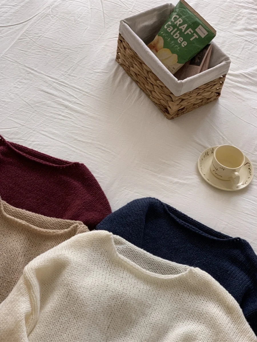 Laid-ba Cuffed Collar Lantern Sve Basic Knitwear Sweater Easy-to-wear Faionable round Ne Long Sve Regular Thin