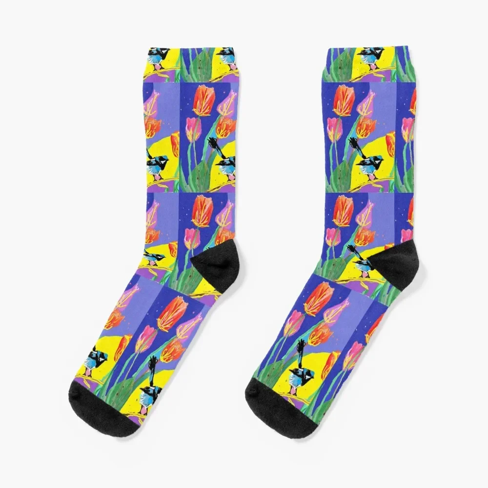 

Abstract Blue Wren and Tulips Painting - on Multicoloured Socks christmas gifts compression new year Men Socks Women's