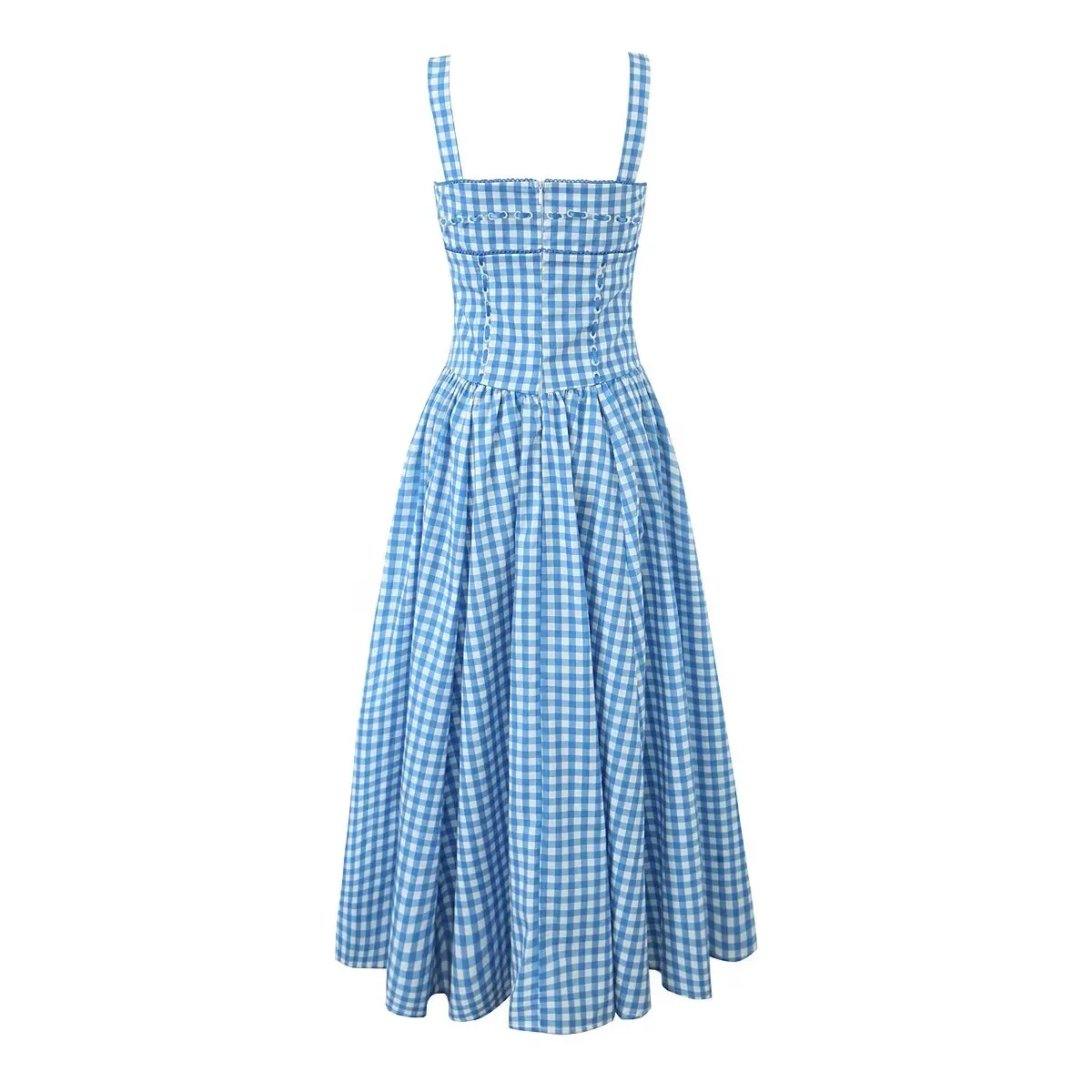 Summer Fashion Atmosphere Retro Blue Plaid Flap Pocket Pants Suspender Long European and American Style Street Design Dress