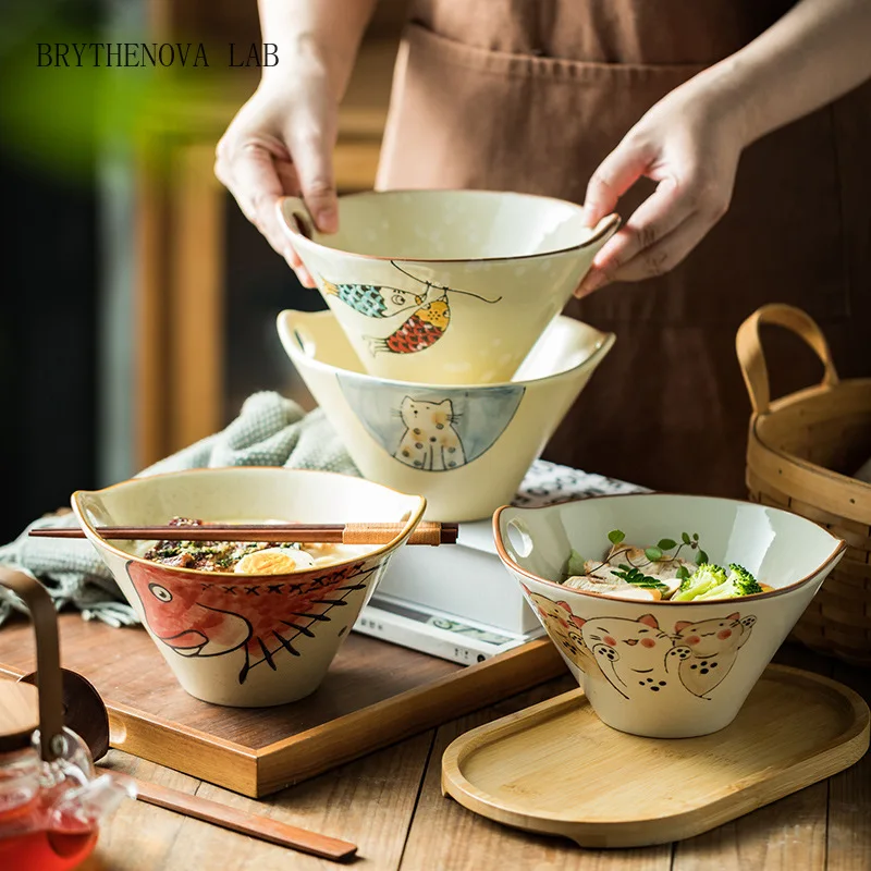 Japanese ramen bowl with holes household cat Ceramic Speaker Large Commercial Bamboo Hat Bowl Tableware