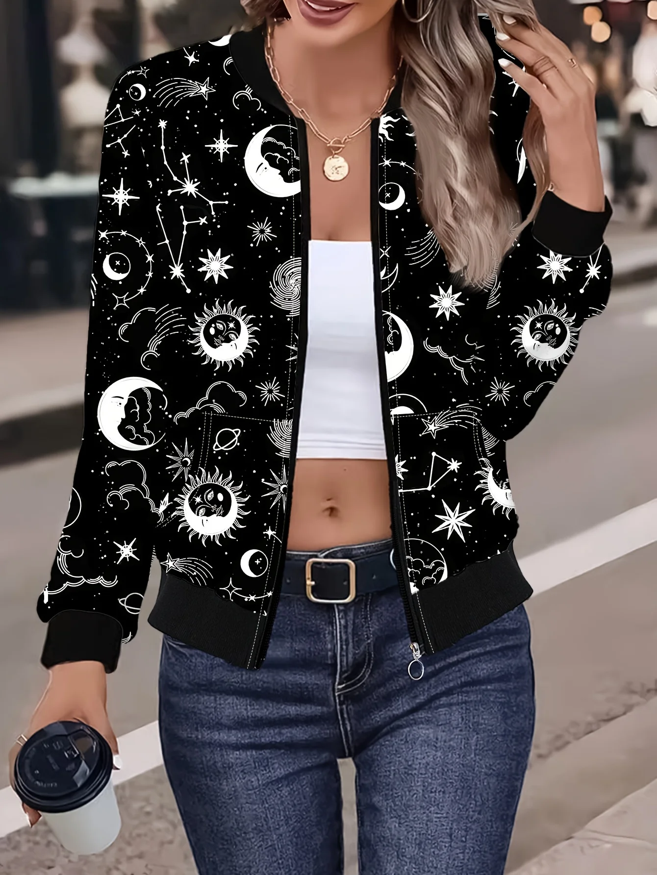 

Women's Celestial Print Jacket, Black White Sun Moon Stars, Long Sleeve Zip-Up Design, Casual Cosmic Outerwear
