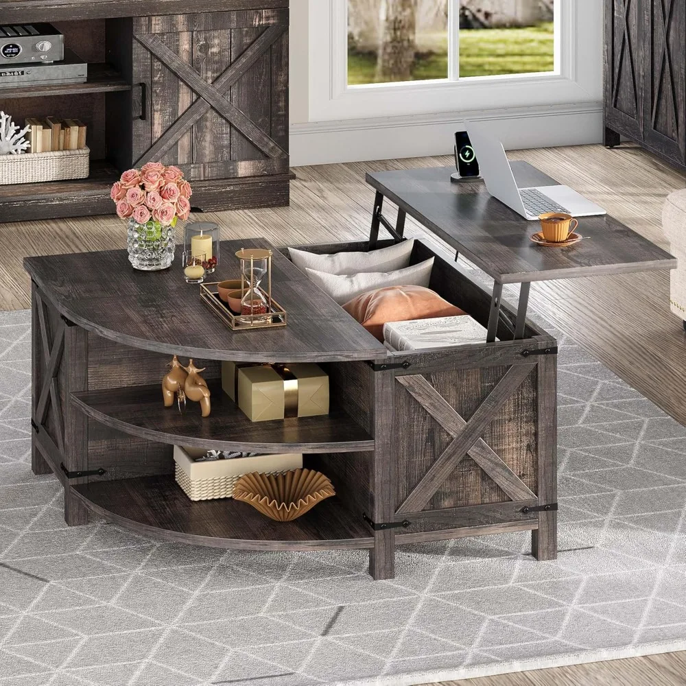 طاولة قهوة قابلة للرفع مع مساحة تخزين، طاولة مركزية معالجة بالخشب مع محطة شحن ومنفذ USB، طاولة غرفة معيشة كبيرة