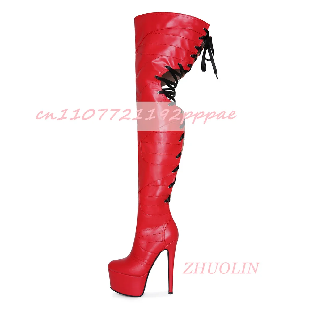 المرأة سوبر عالية الكعب الدانتيل متابعة منصة الأحذية عبر خلع الملابس الجانب سستة الإفراط في الركبة الأحذية الحمراء المرحلة القطب أحذية الرقص #5