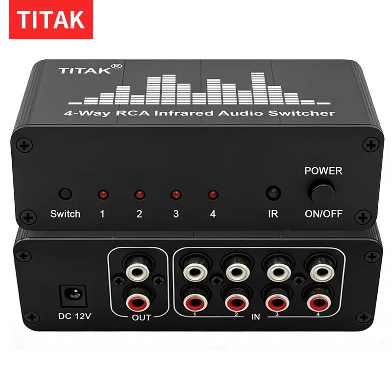 IR Remote 4-Way Audio Switcher 4CH Stereo Source Selector 4-in-1-out AV Signal Box for CD Player AMP Receiver System
