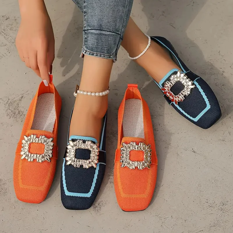 Damen-Strick-Flachschuhe mit Strass, Outdoor-Freizeitschuhe, Slipper, Sneaker, Slip-on, quadratische Spitze, atmungsaktive Wander- und Hikingschuhe