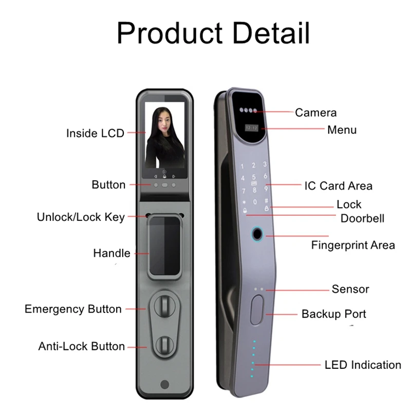 Tuya Wifi Electronic Fingerprint Smart Door Lock 3D Face Recognition APP Remote Control Anti-theft Home Digital Lock