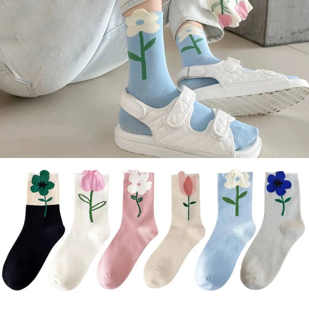 Comfortable Cartoon Flower Women Socks Candy Color Cotton Mid Tube Socks Breathable 3D Flower Tulip Socks Ladies