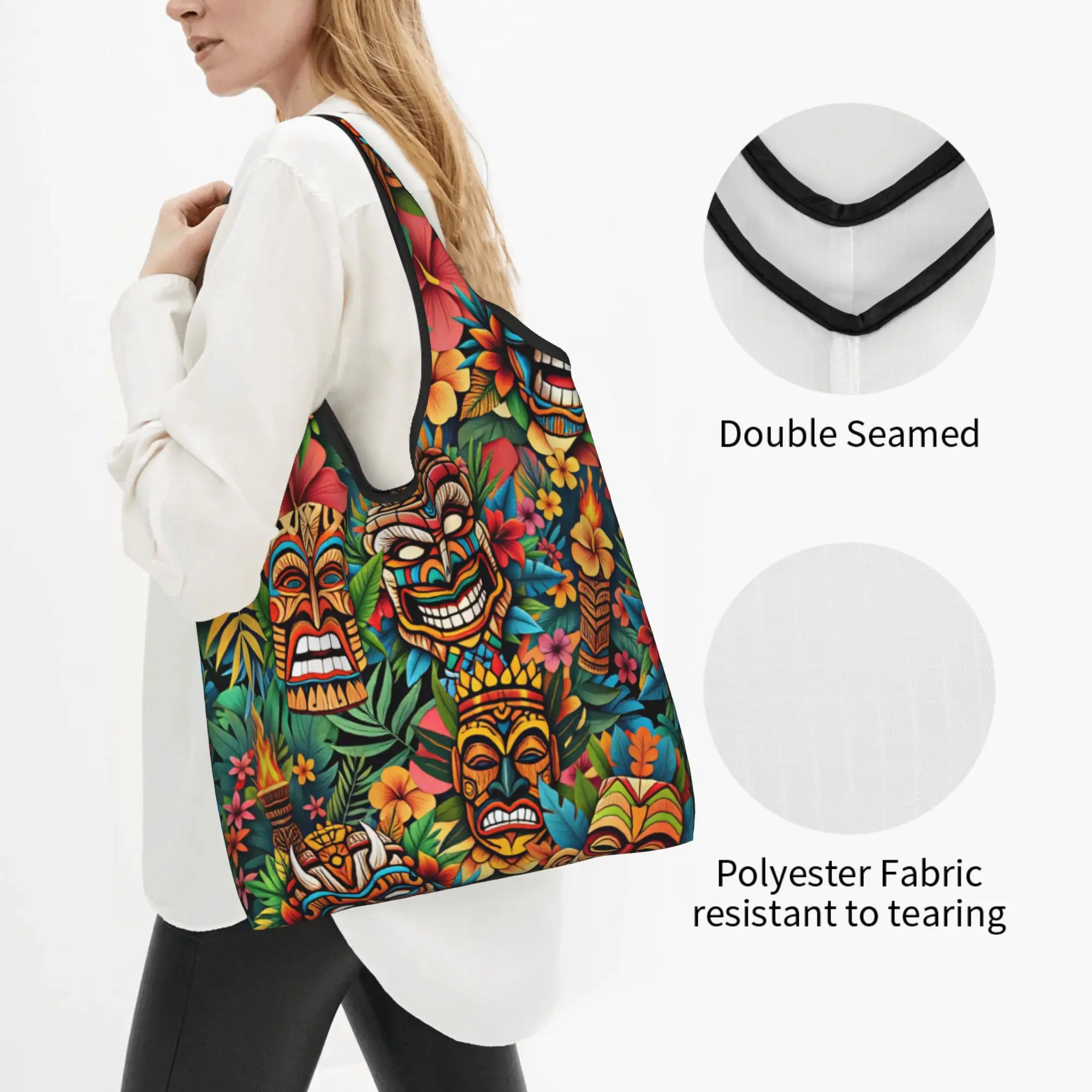 Cute Tiki Mask Hawaiian Style Palm Monstera Shopping Tote Bags Tropical Plants And Flowers Groceries Shopper Shoulder Bag