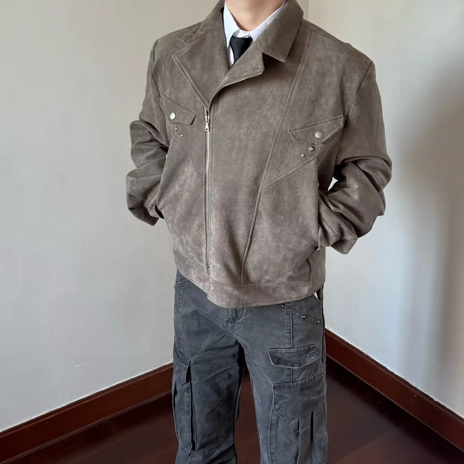 

Large Size Men's American Sle PU Leather Jaet Autumn Winter Vintage Leather Coat Stand Collar Trendy Men's Top Cleanfit