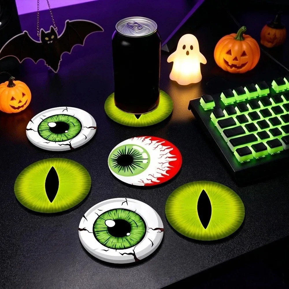6pcs Creative Non-slip Halloween Coasters Heat-Insulating Soft Bloodshot Eyeball Coaster Wooden Cat Eyes Cup Mat Party