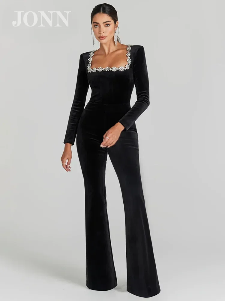 

JONN Elegant Women’s Jumpsuit: Black Bandage with Square Neck, Crystal Diamond Detail, Long Sleeves – Stylish One-Piece Clothing