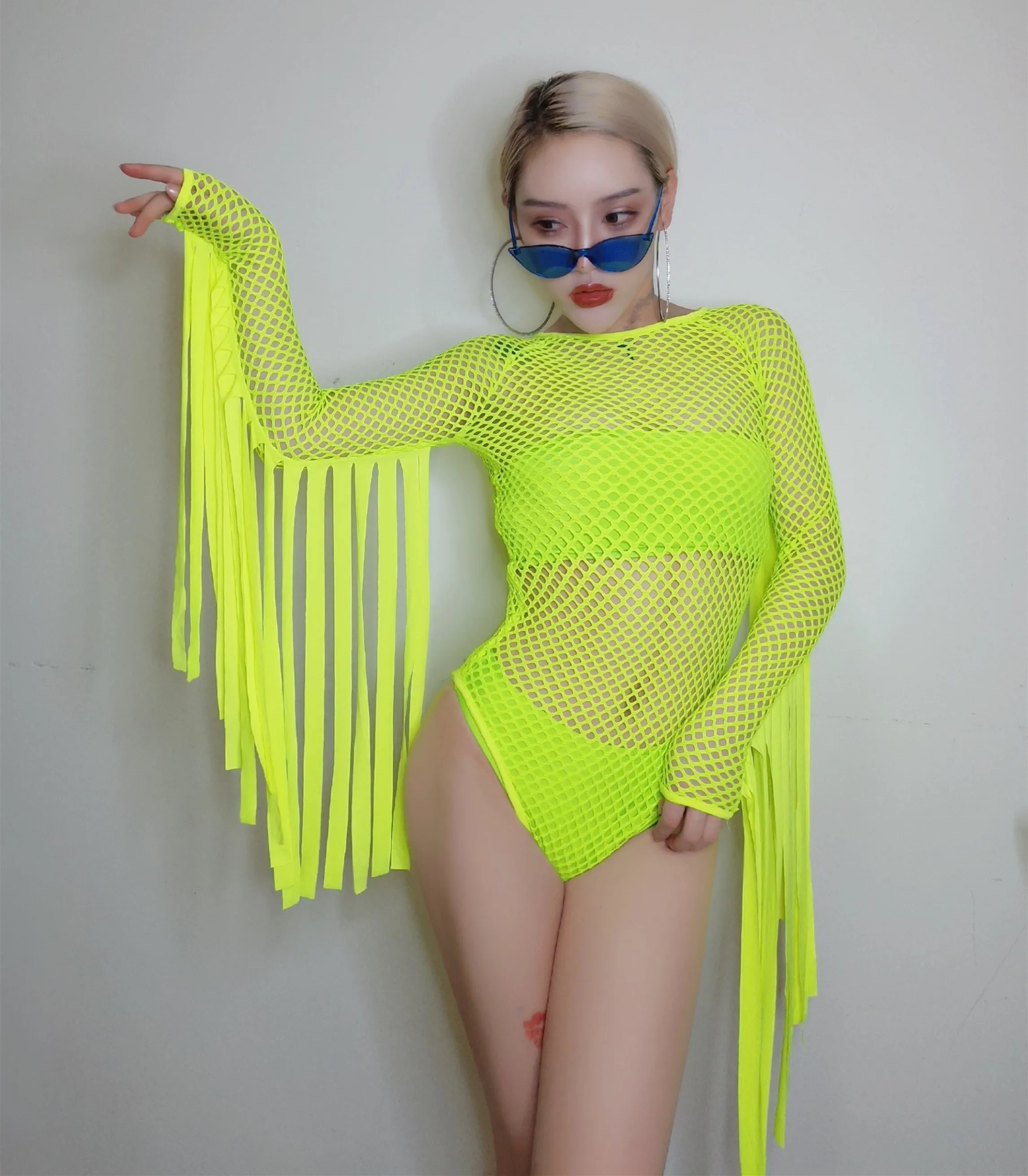 Green Tassel Jumpsuit Nightclub Gogo Dancer Stage Hip Hop Clothes Dj Suit Festival Rave Outfit Clubwear Dancing Performance