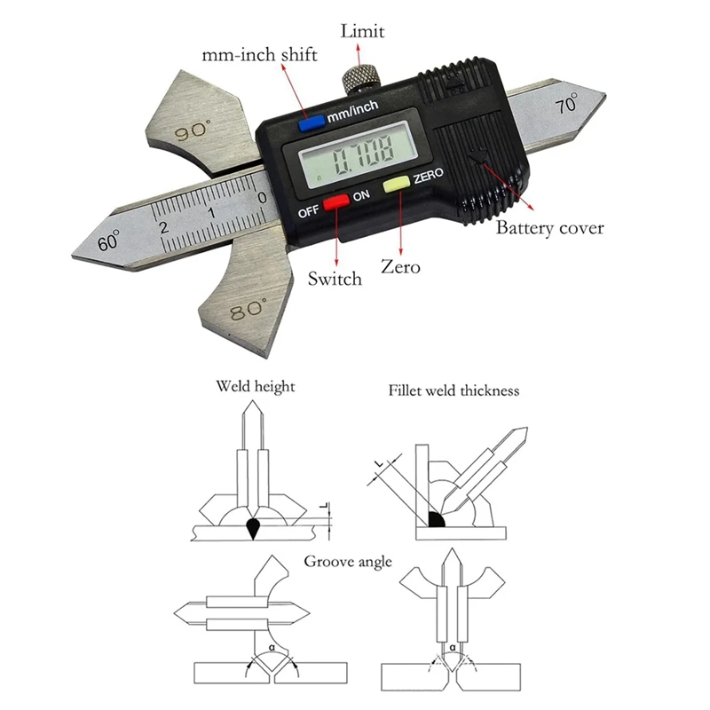 A81M New Digital Readout Welding Meter, Welding Test Ruler 4 Angle Display: 60°, 70°, 80°, 90° Reading Inches, Metric, Inches