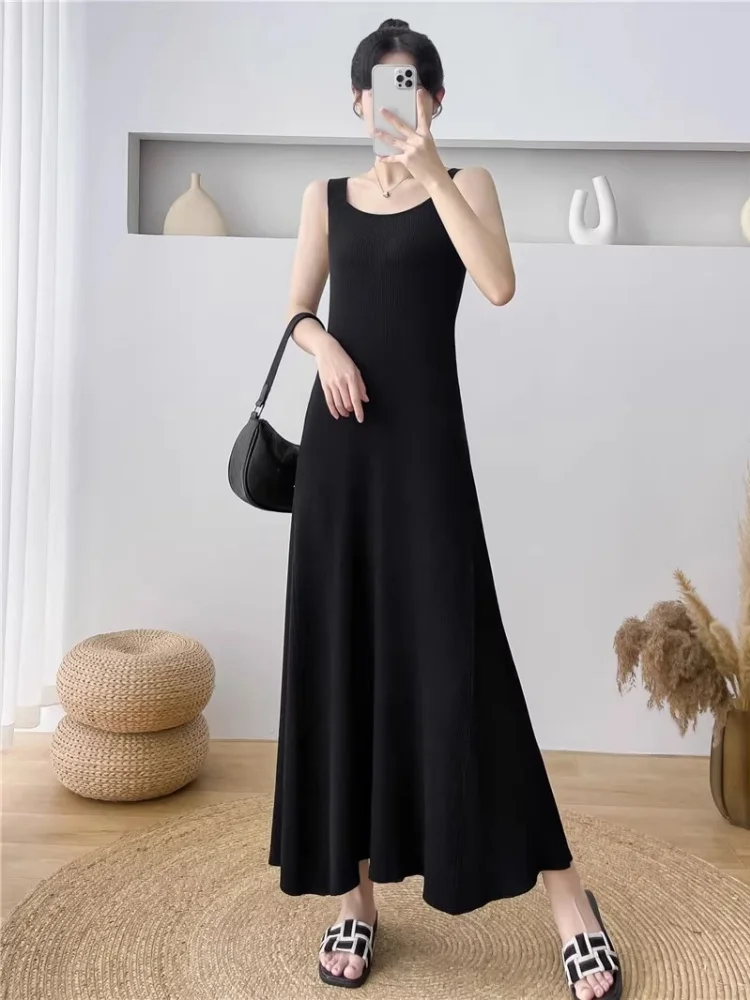

2025 New Women's Halter Tank Top Skirt Dresses Hepburn Style Solid Color Knitted Sleeveless Ladies Clothes Long Dress Halter