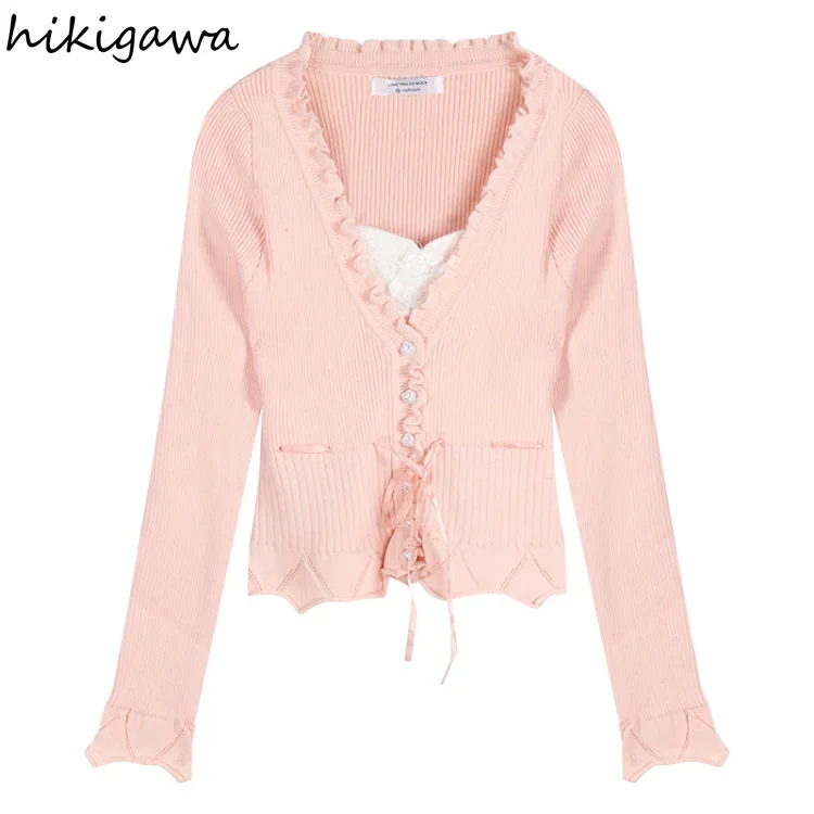 Cropped Cardigan 2023 Women Clothes Sweet Ruffles White Sueter V-neck Long Sleeve Tunic Pull Femme Drawstring Knit Sweater Tops