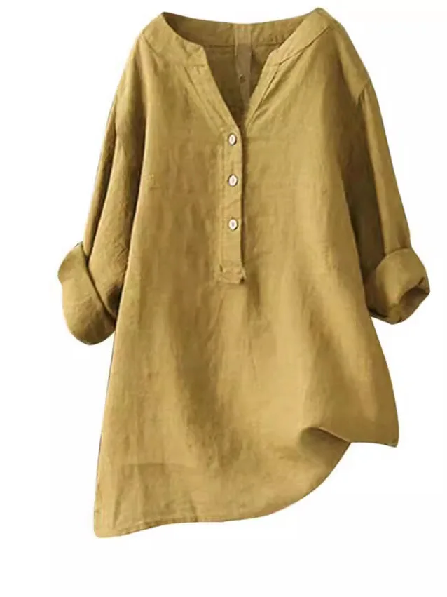 

Свободная повседневная женская рубашка с круглым вырезом и воротником хенли, летняя новинка, удобная посадка, для повседневной носки